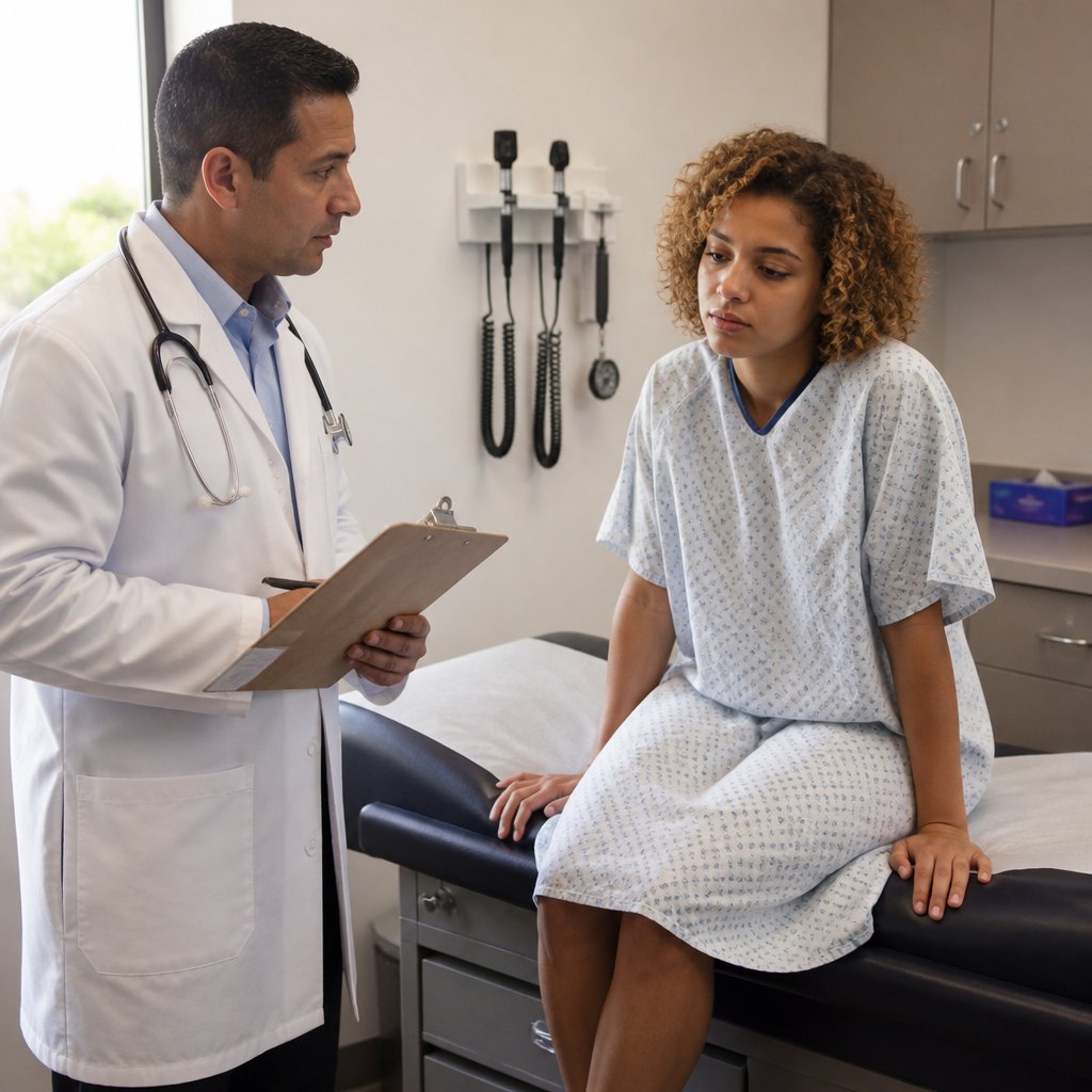 Doctor delivering a brief exam report to a patient sitting on an exam table in a clinic.