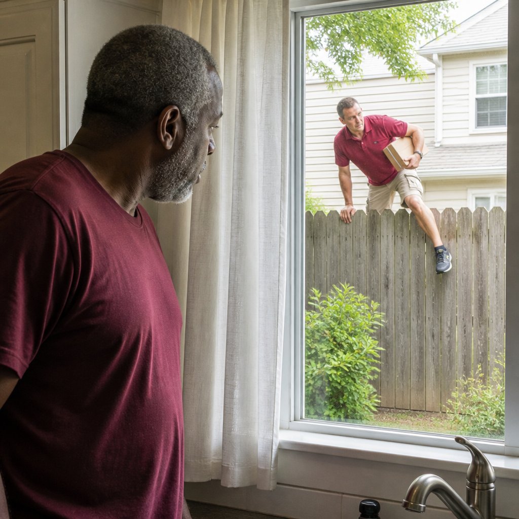Man watching from kitchen window as neighbor climbs fence with package.
