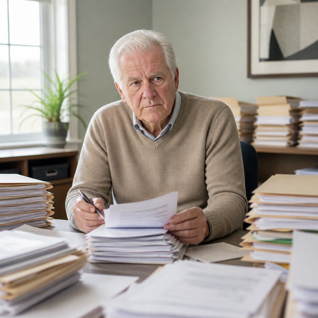 Older man reviewing paperwork in hospital patient advocacy office.