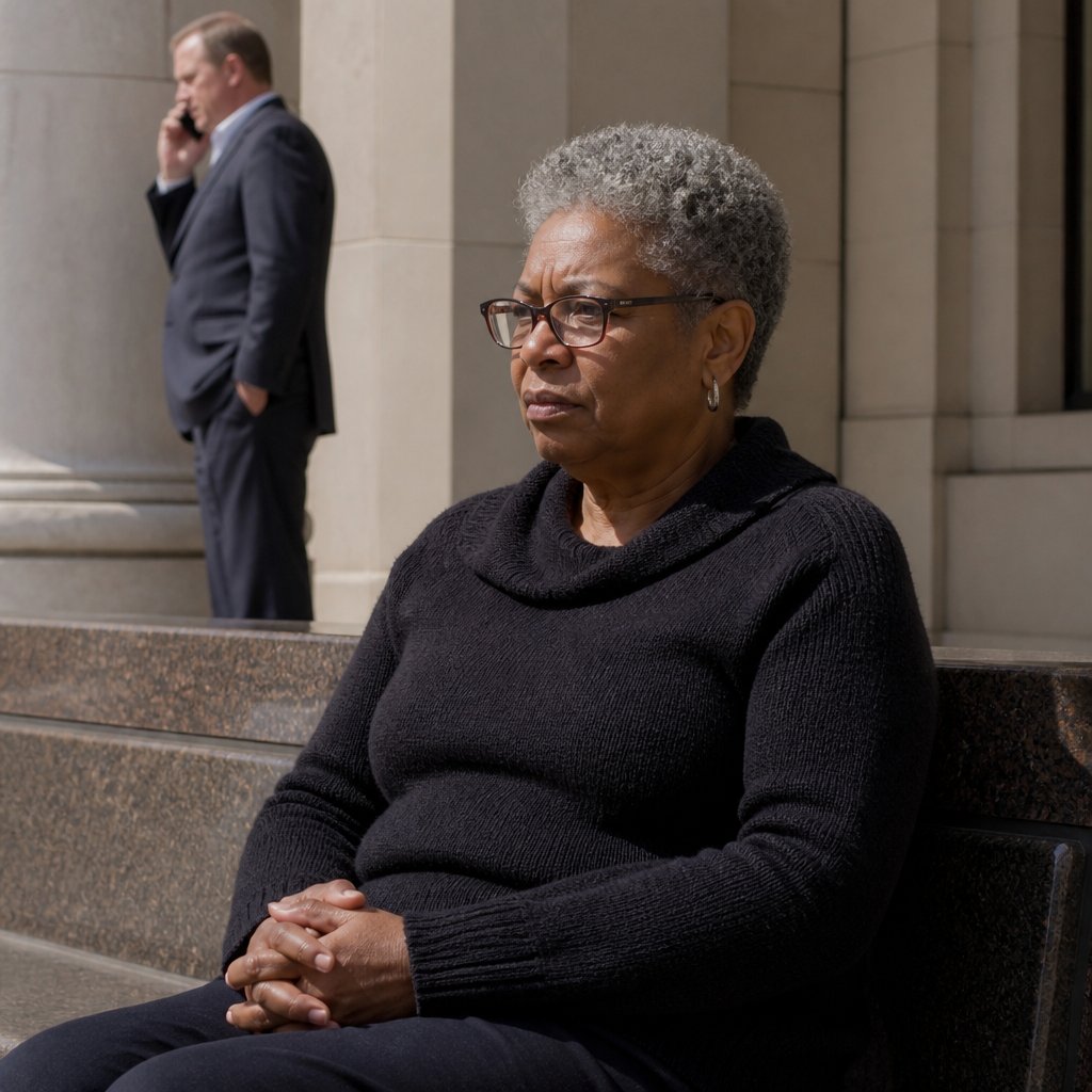 Black woman waiting tensely on courthouse bench as legal discussion happens nearby.