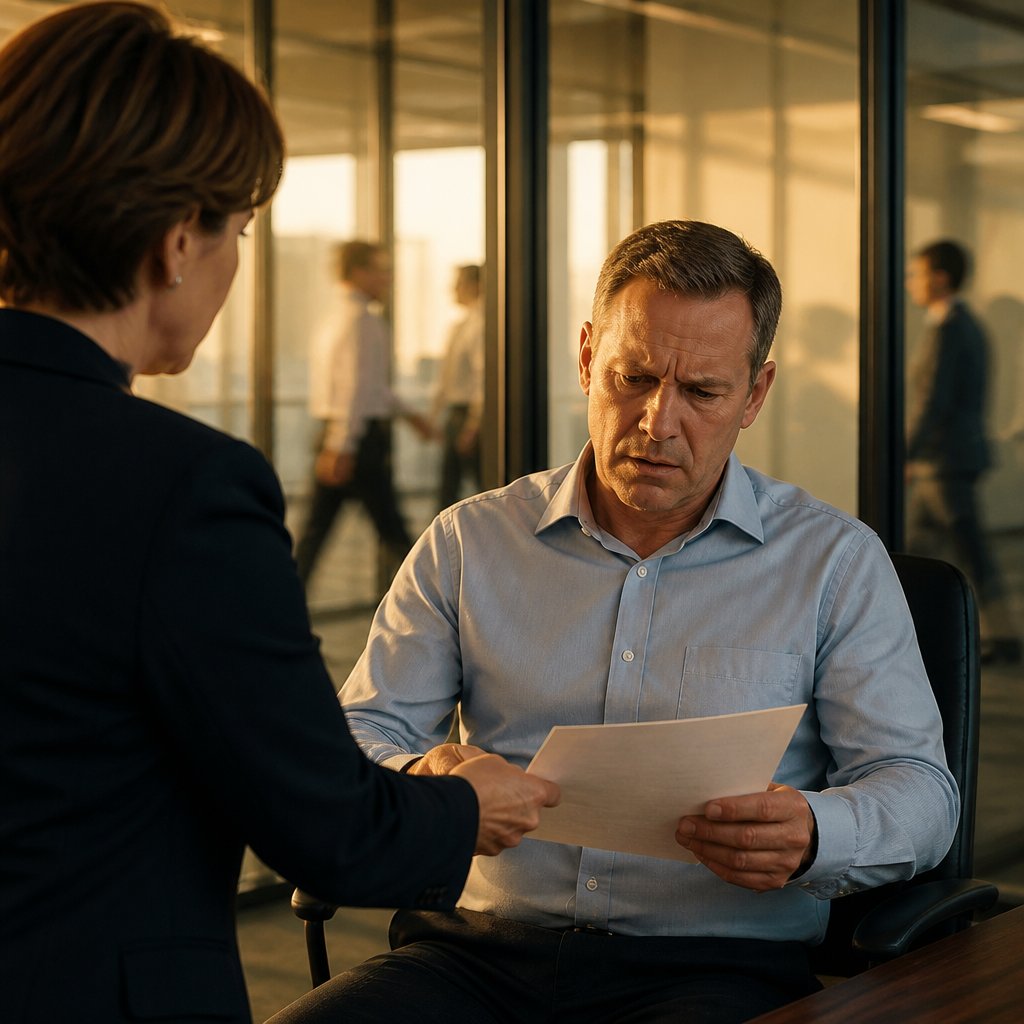 Woman delivering written warning to man in glass-walled office
