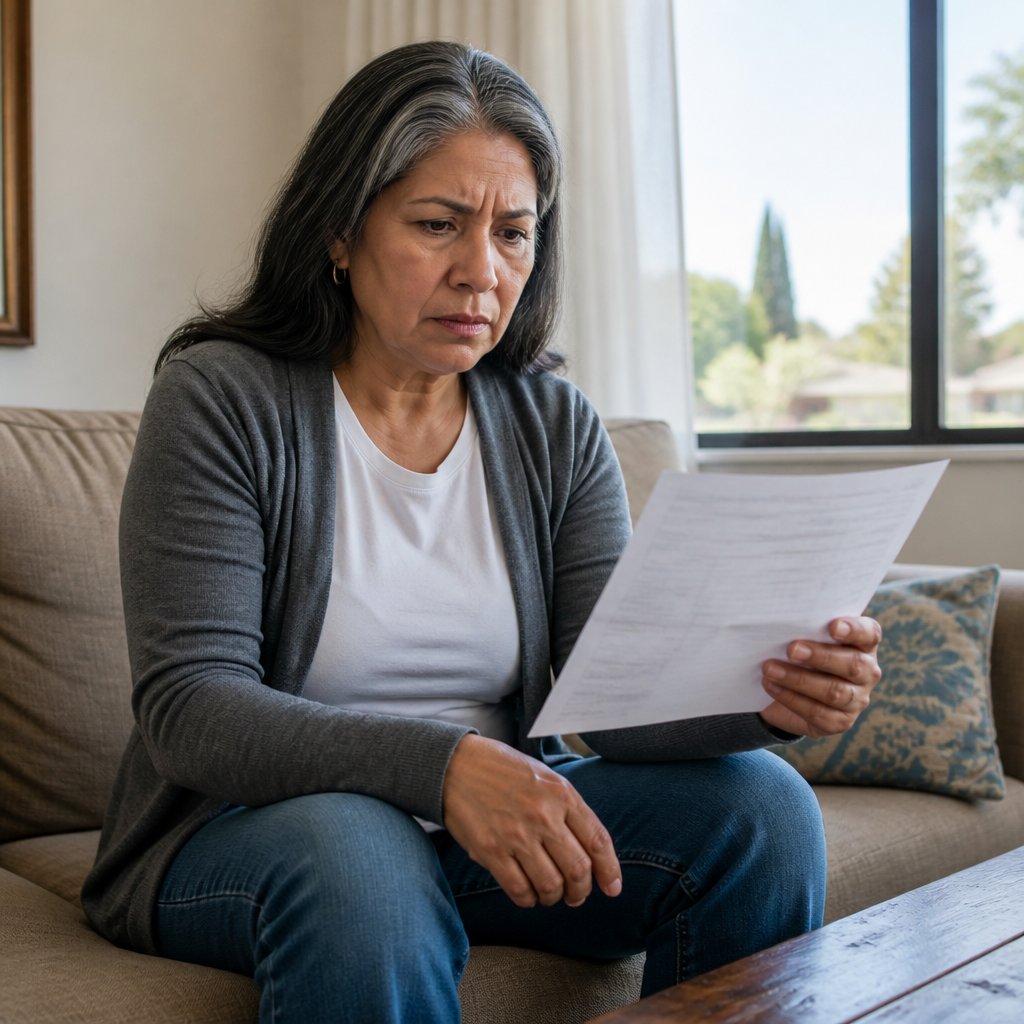 Woman seated on couch reviewing an invoice with concerned expression at home