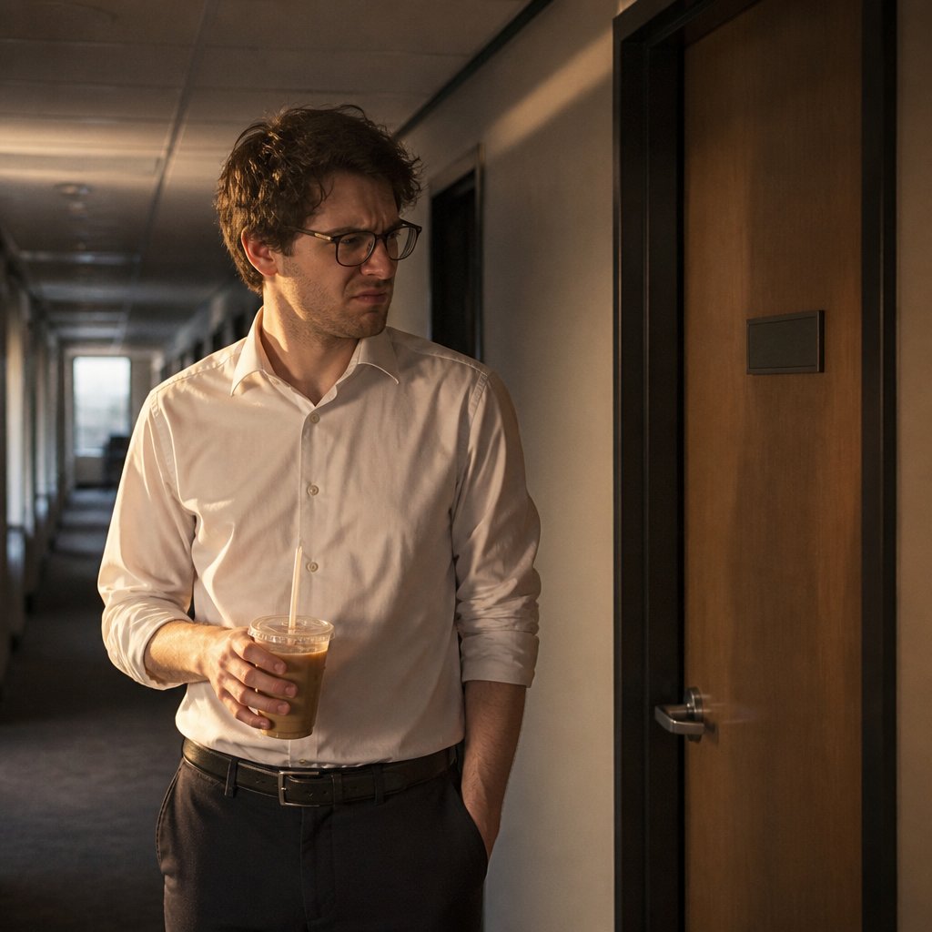 Young man standing after hours in office hallway looking frustrated next to closed manager's office