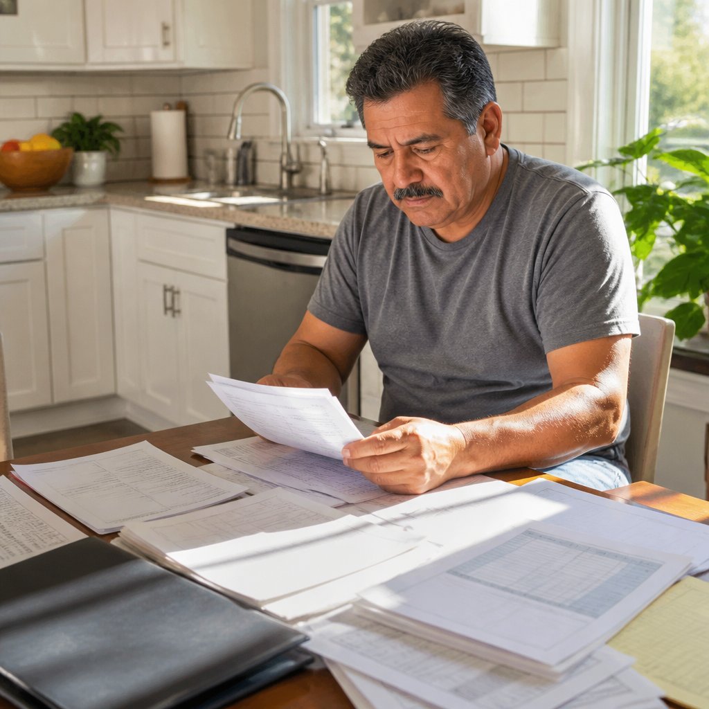 Man reviewing medical records at home kitchen table with documents and notes spread out.