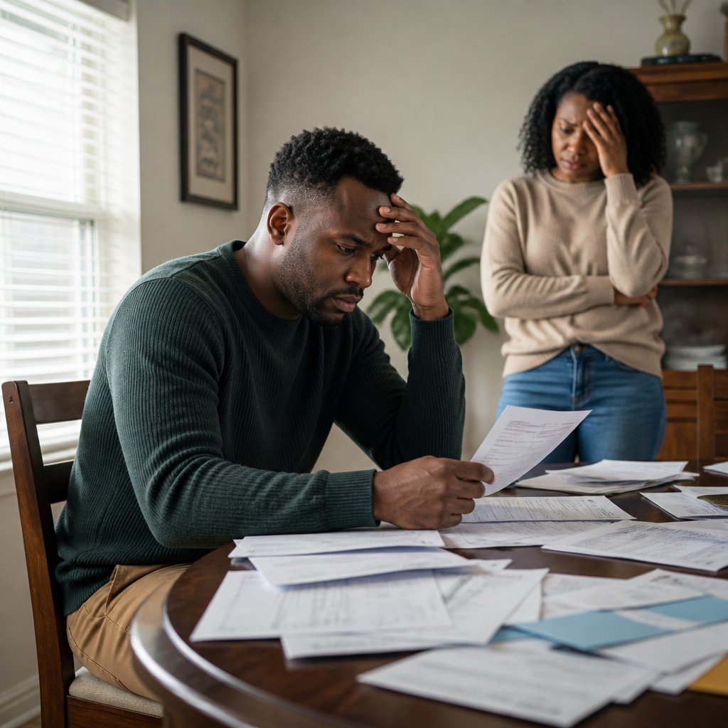 Couple overwhelmed by medical bills at dining table, woman showing stress.