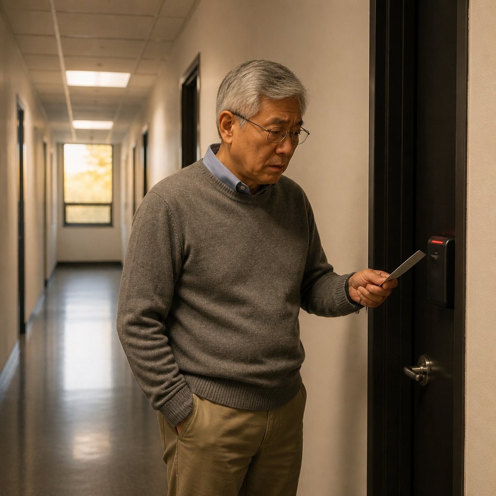 Man being denied entry by security badge at executive hallway door.
