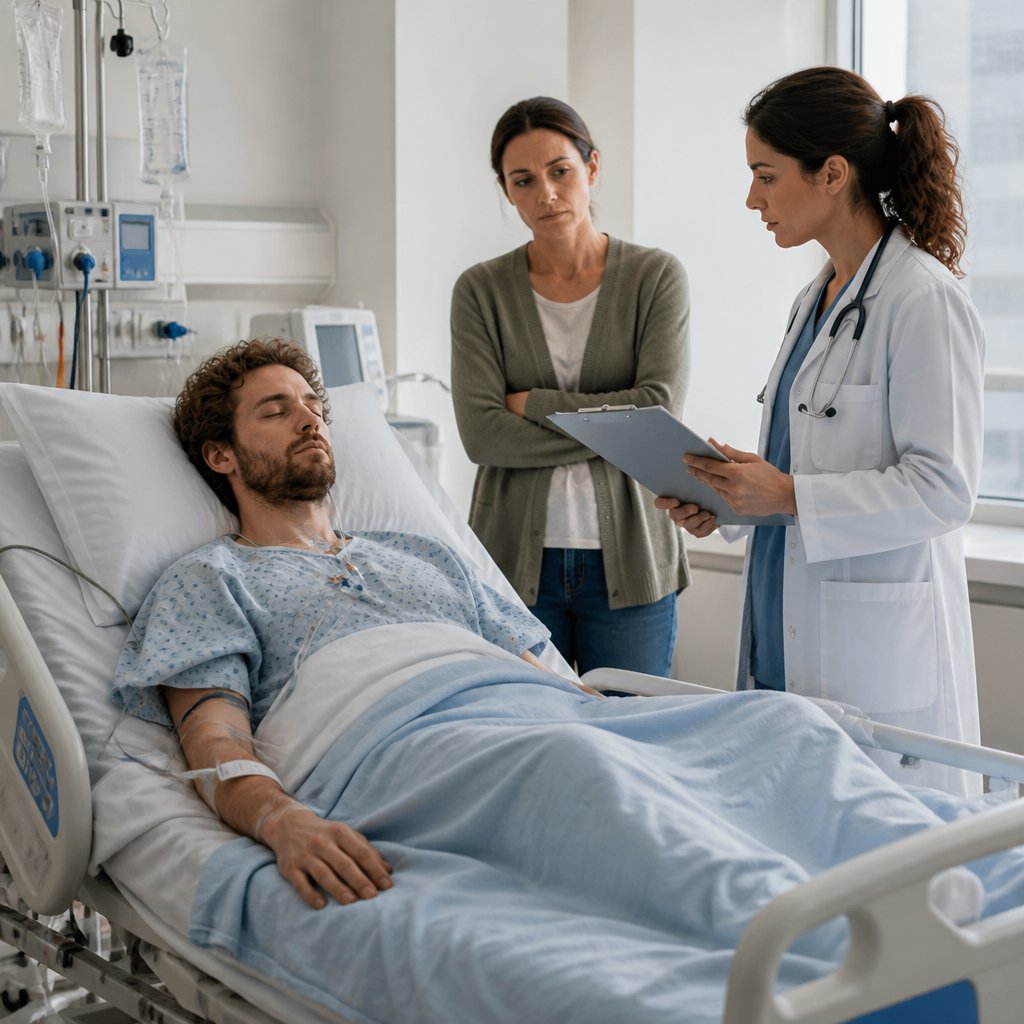 Patient post-surgery in ICU with neurologist and worried family member at bedside.