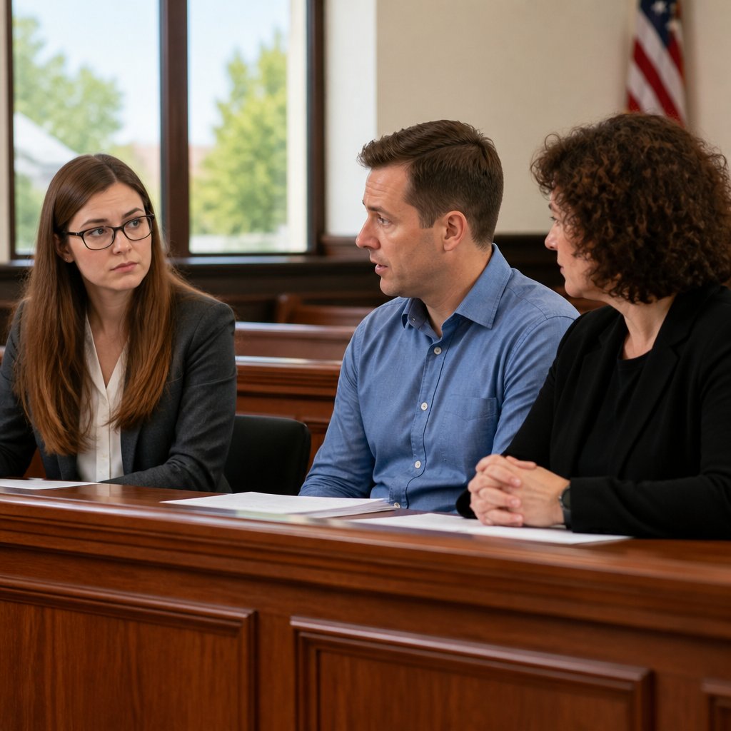 Woman listening intently during courtroom depositions as two witnesses give contradictory statements.