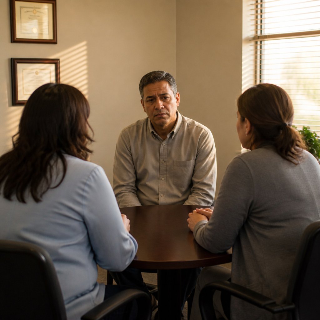 A tall Latino man in an HR office facing two HR reps during a performance review conversation.