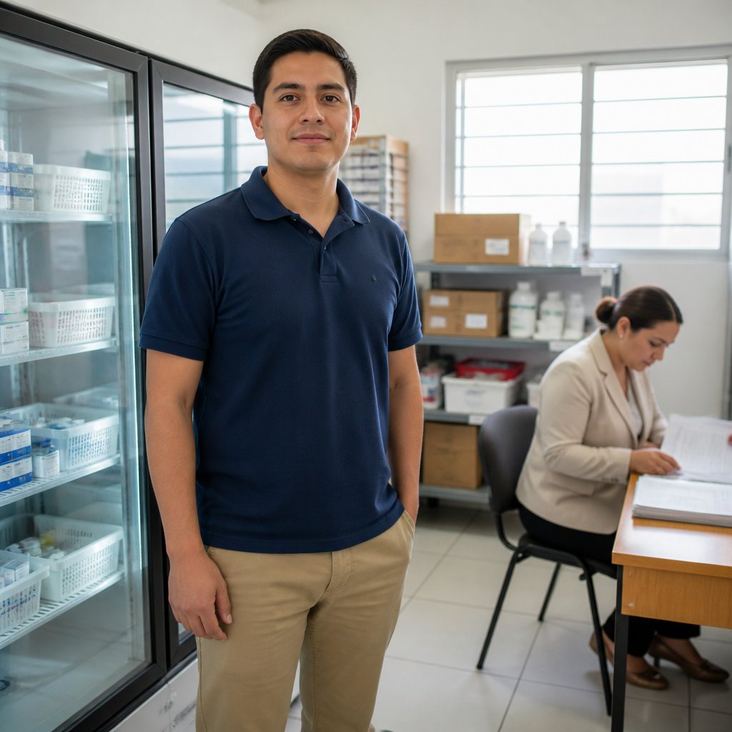 Man standing near vaccine refrigerator with auditor in a clinic supply room.