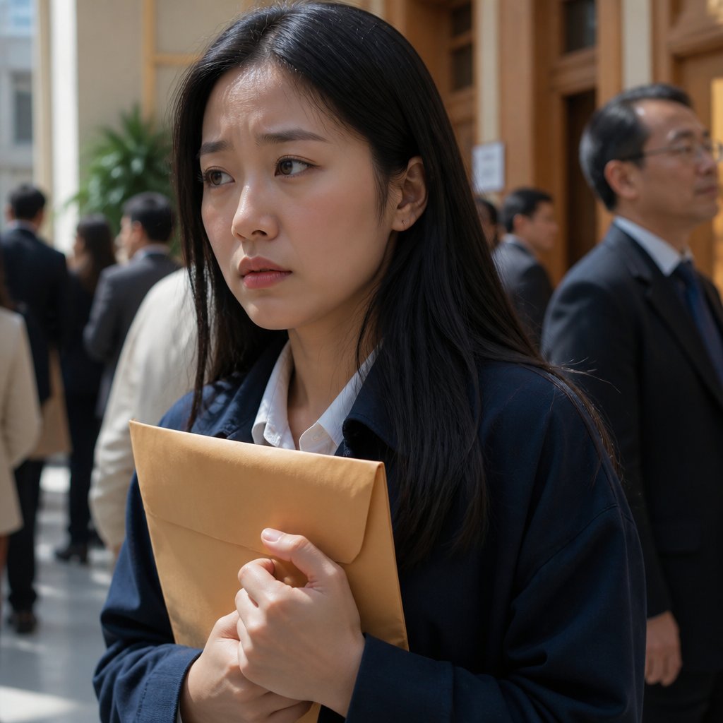 An East Asian woman nervously waiting in a courthouse hallway holding legal papers.