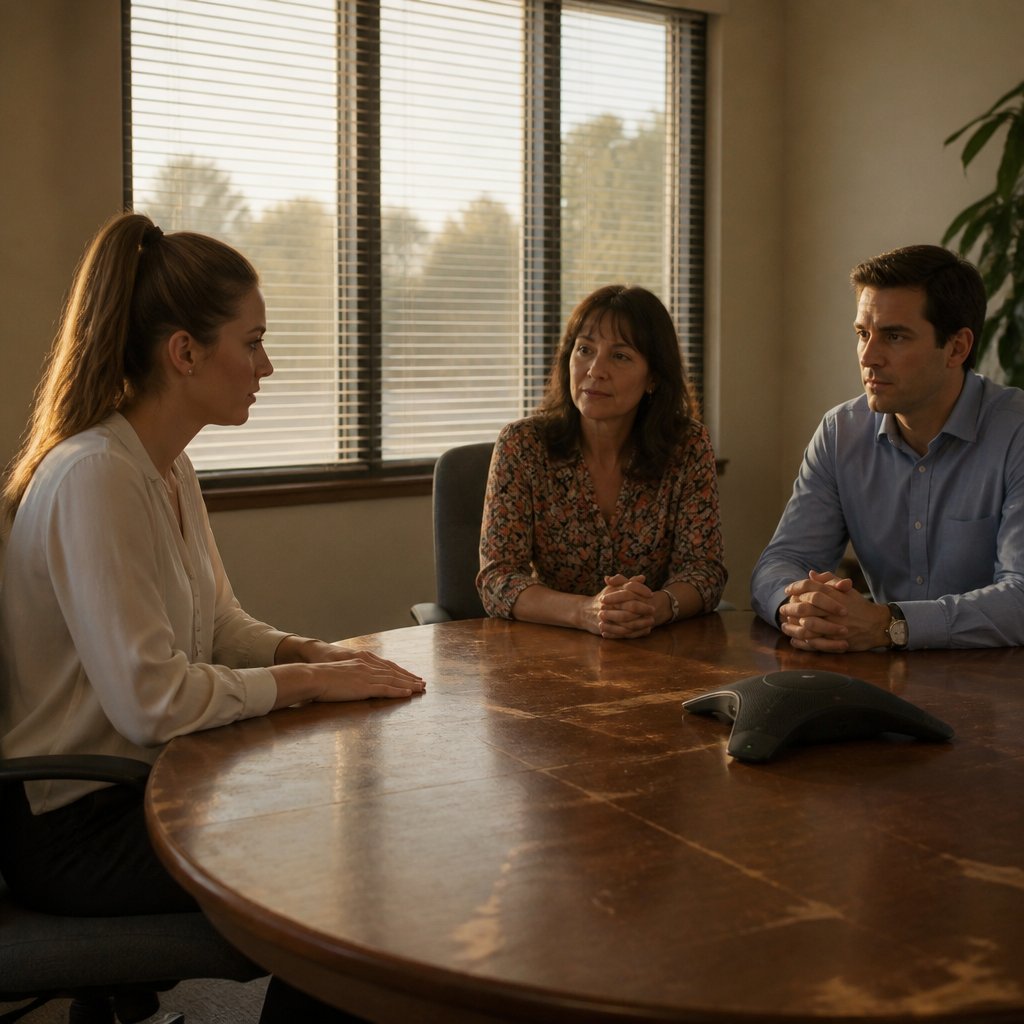Woman in a conference room with HR and manager, a speakerphone on the table.