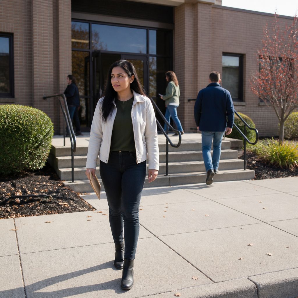 Woman walking away from city hall holding folder, looking determined but uncertain