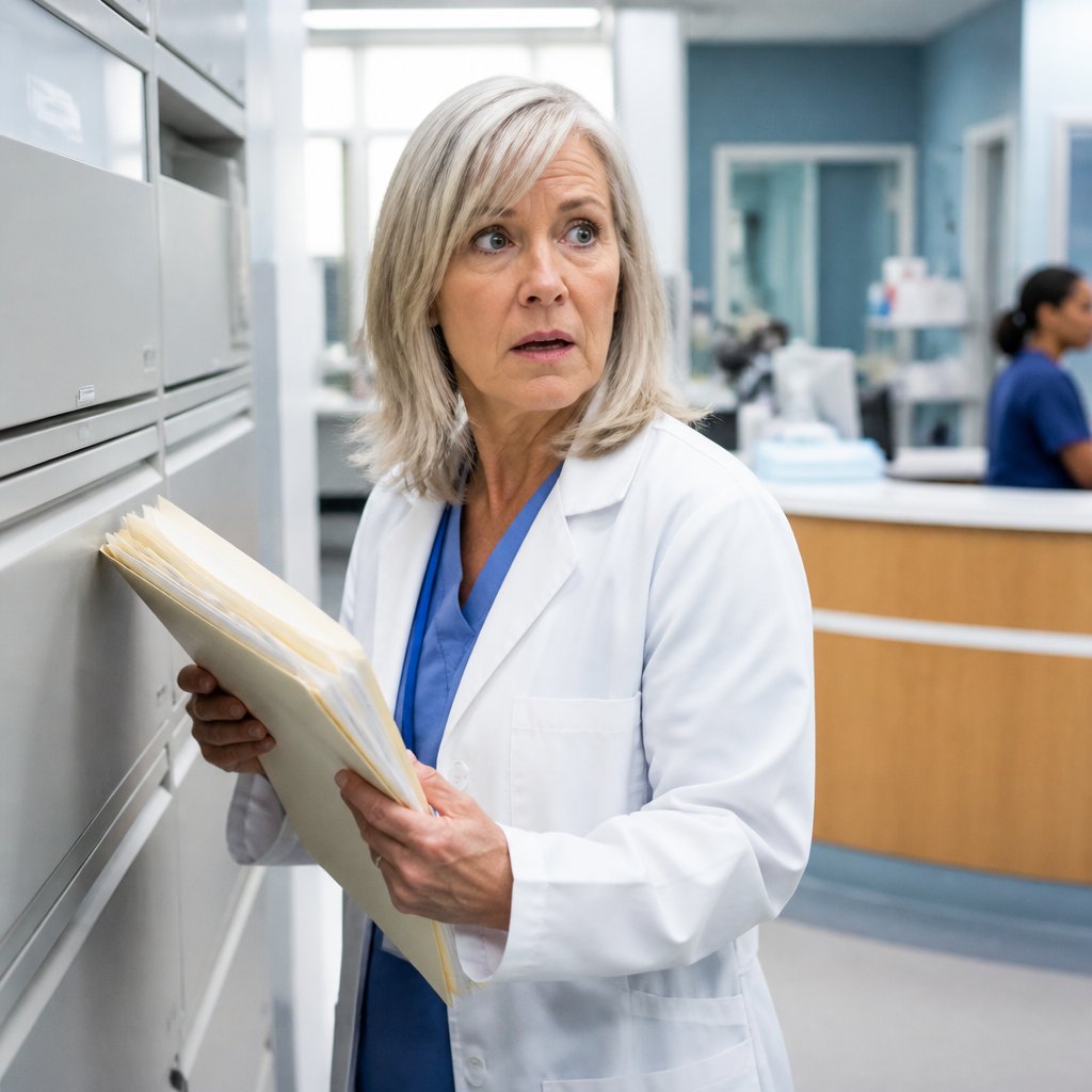 Concerned woman reviewing edited anesthesia records at nurse station.