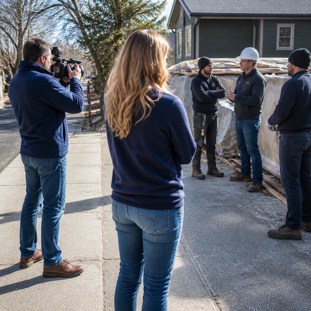 Woman watches construction workers as a man films from the street nearby.