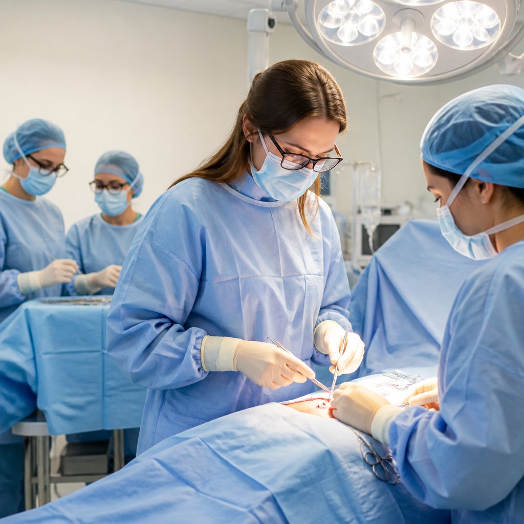 Surgical team performing open abdominal surgery in operating room under bright lights.