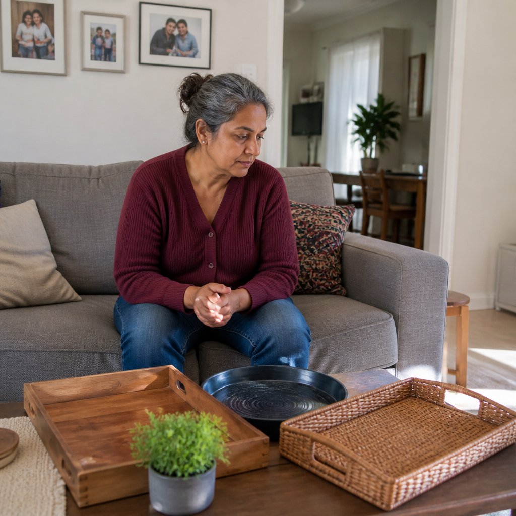 Woman sitting on couch, looking thoughtfully at orthodontic trays, phone face down on lap.