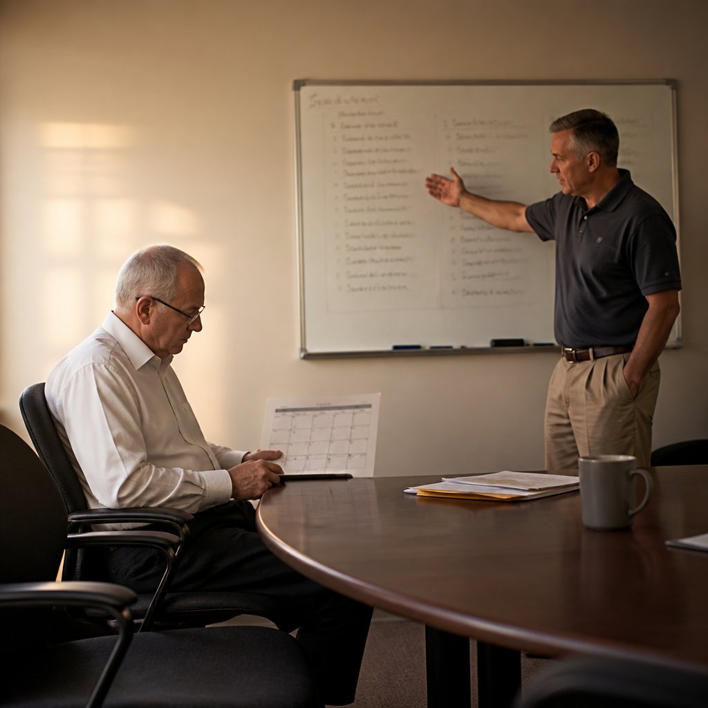 Older man and manager discuss project deadlines in a conference room.