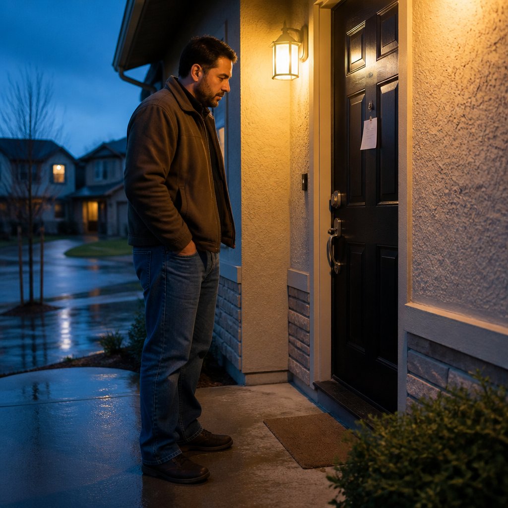 Man standing locked out of his own house, looking at a new lock and note on the door.