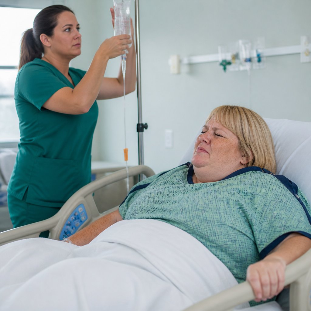Nurse adjusting blood transfusion IV while patient experiences fever and chills in hospital infusion room.