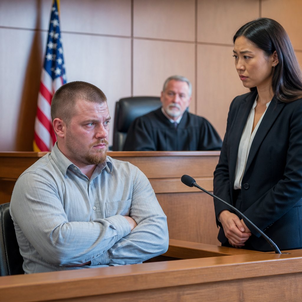 Uncomfortable man in witness box being cross-examined by composed defense attorney