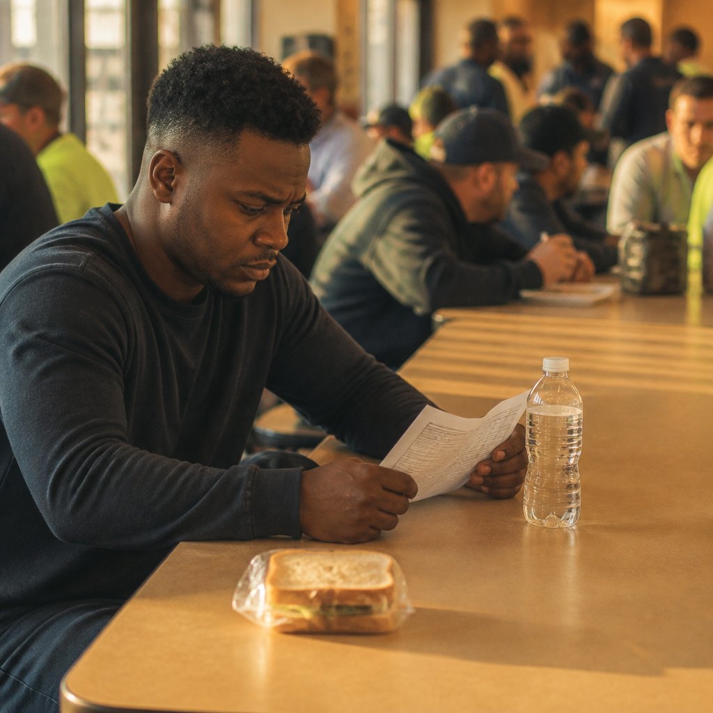 Man sitting alone in cafeteria looking at work schedule.