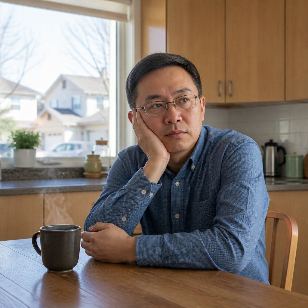 Man sitting at kitchen table, looking thoughtful and concerned while glancing outside.