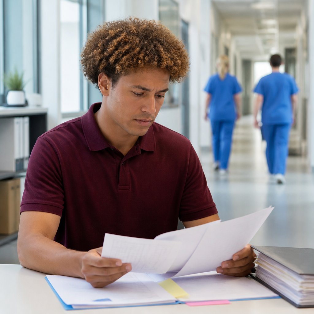 Young man studies patient charts in a hospital corridor with staff passing behind.
