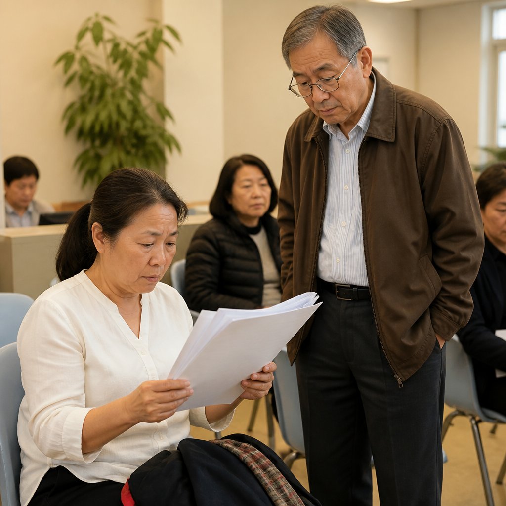 Worried woman reads report in social services lobby beside concerned older man