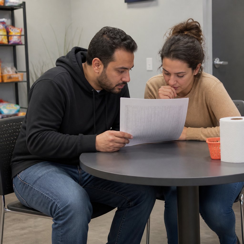 Man and coworker reviewing sensitive spreadsheet in a break room