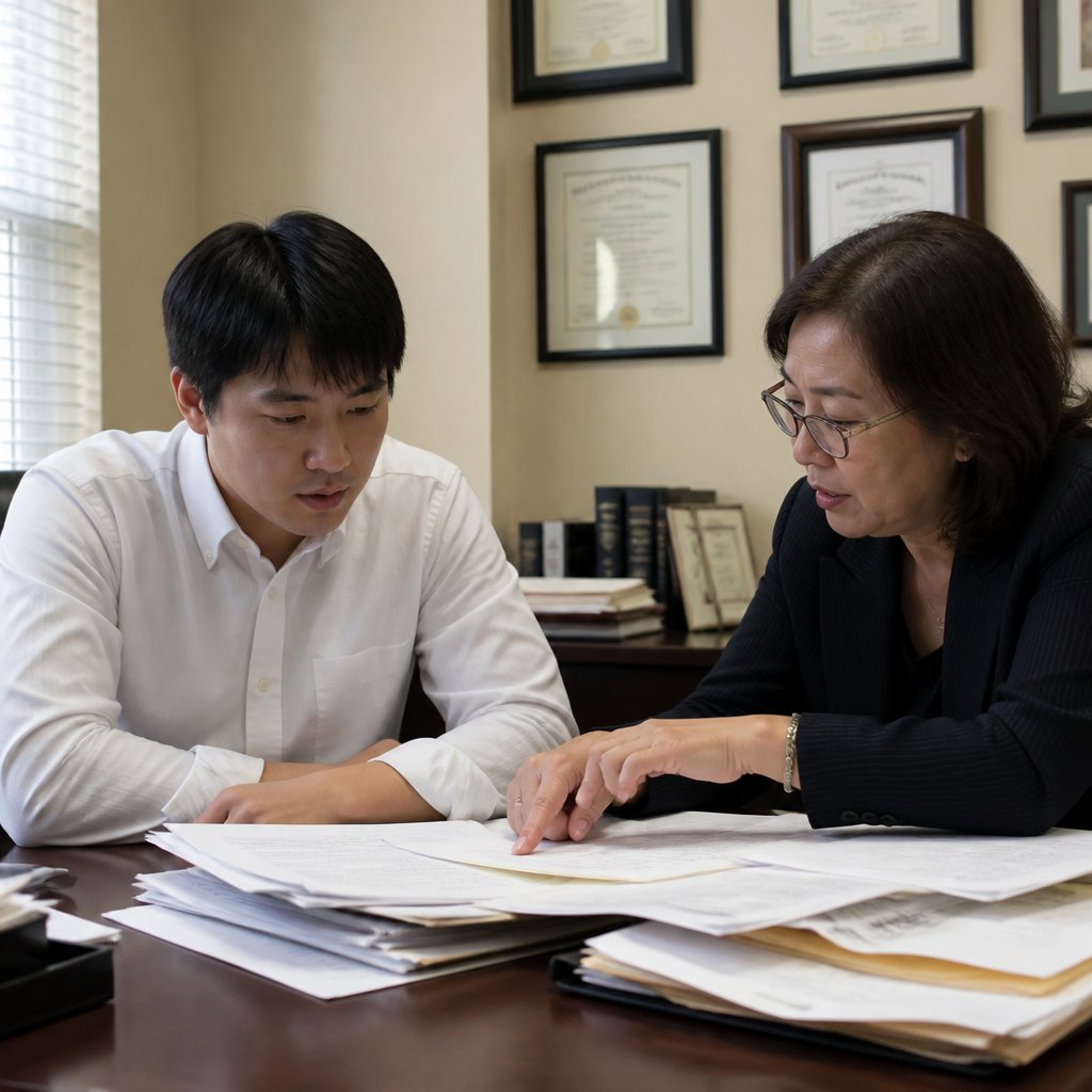 Man and lawyer reviewing repair tickets in a busy office.