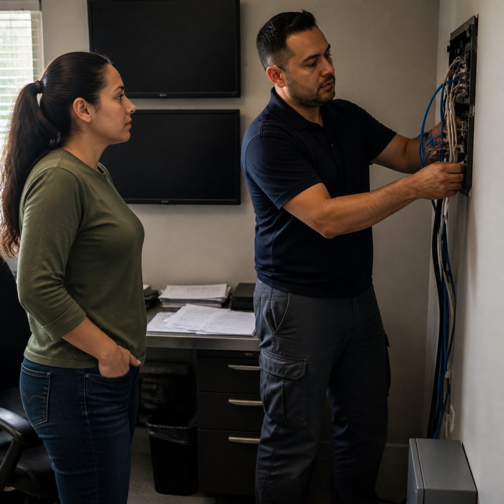 Contractor disconnecting network cables while Latina woman watches cautiously in security office.