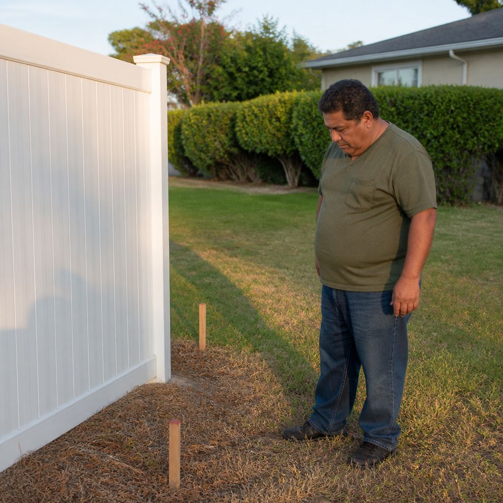 Man inspecting fence panel that encroaches on his property line marked by stakes.