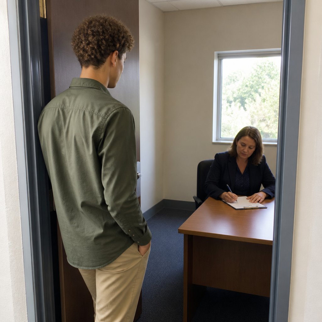 Man facing supervisor in office after knee incident