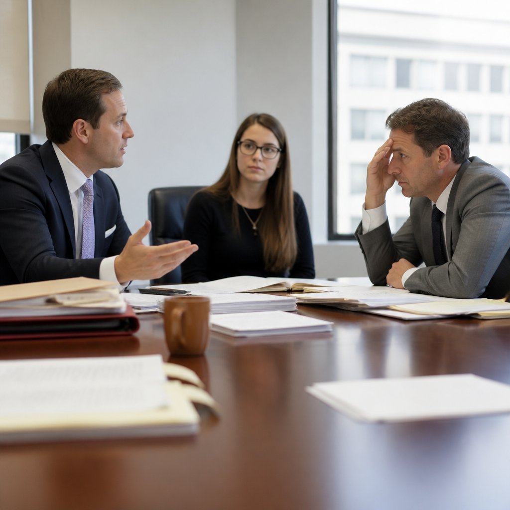 Insurance defense attorney arguing confidently while plaintiff's lawyer looks frustrated