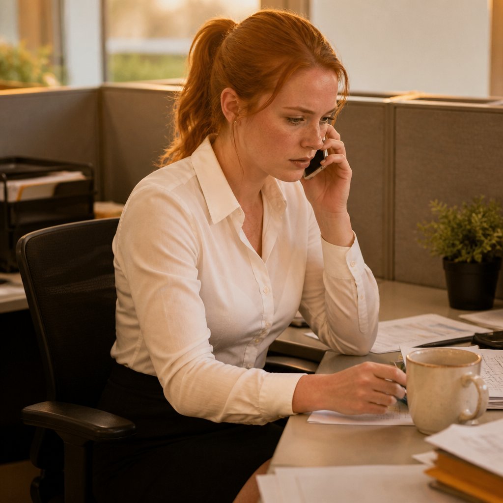 Woman on a phone call looking concerned in her office cubicle.