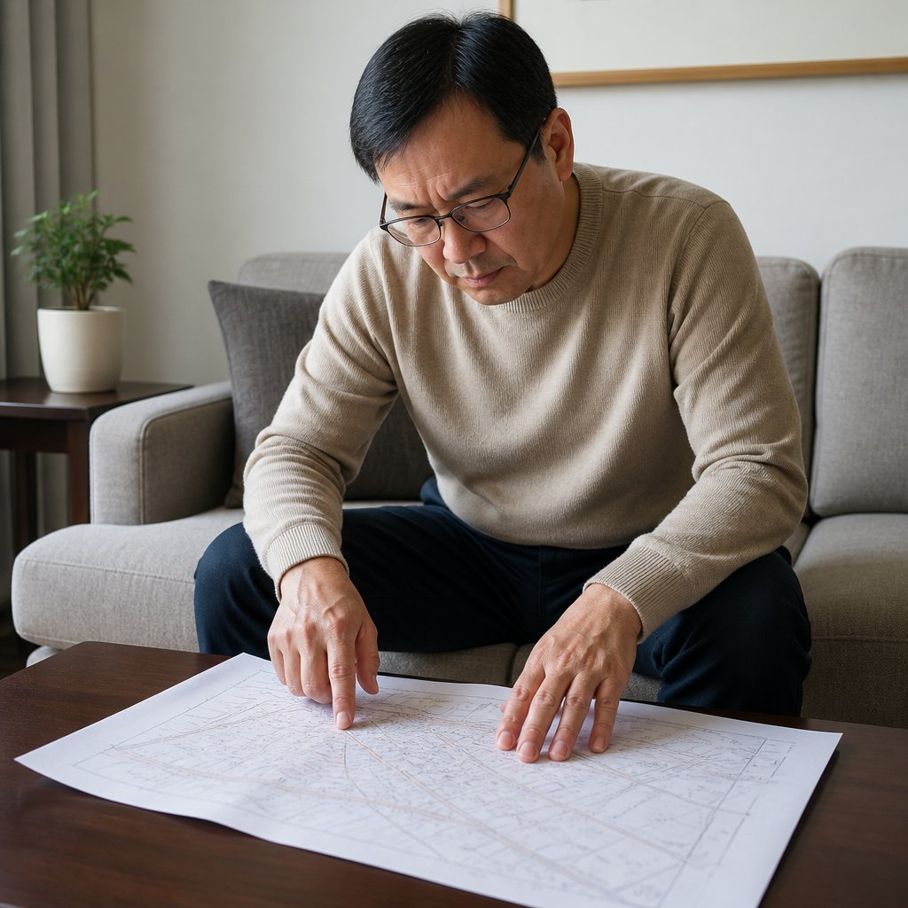 Man studying detailed land survey map in living room