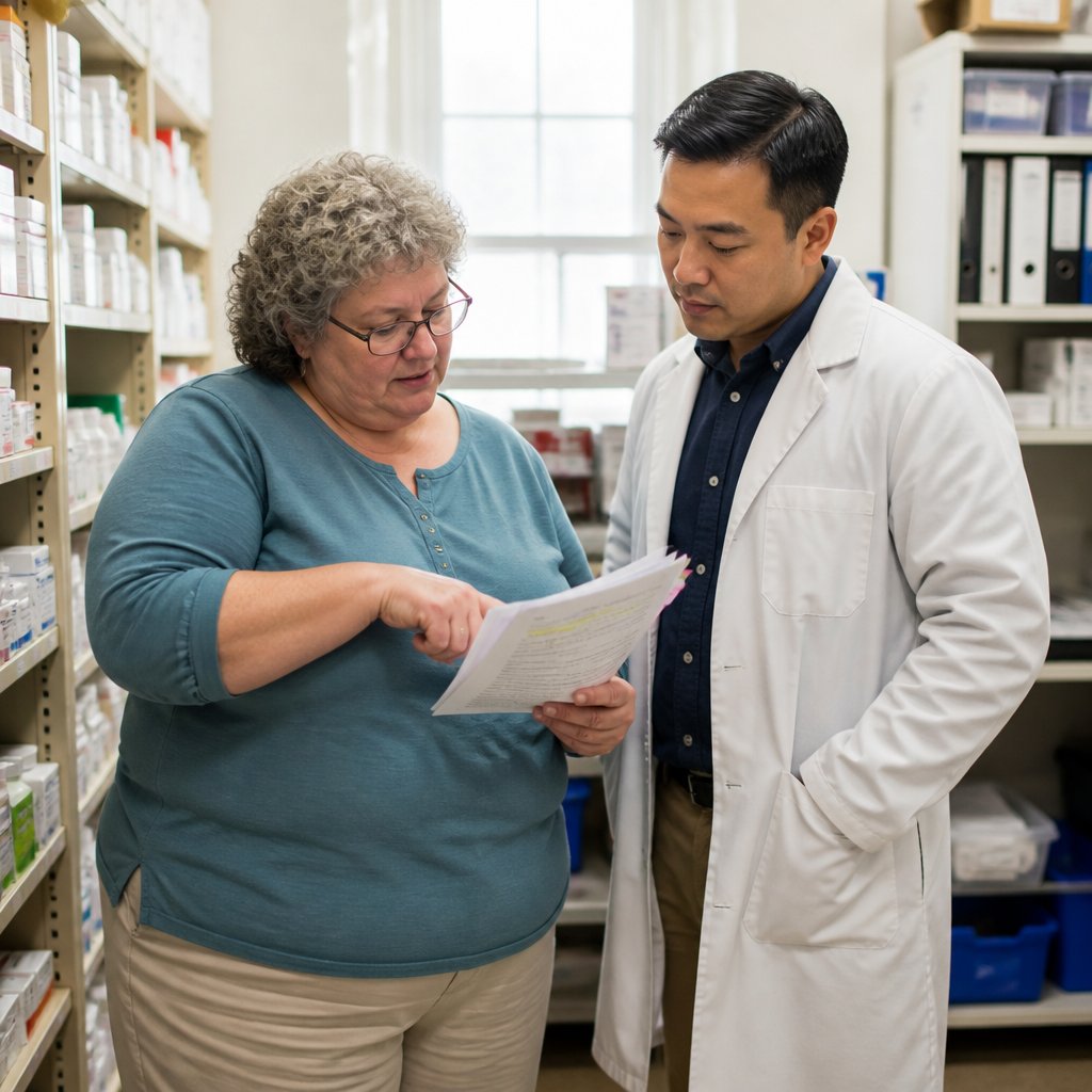 Pharmacist and woman reviewing pharmacy audit documents in medication storage.