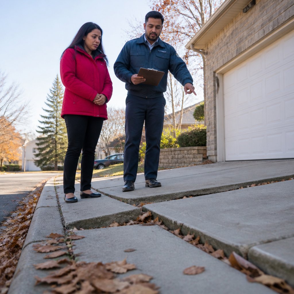 Woman listens anxiously to code enforcement officer citing driveway safety issue.