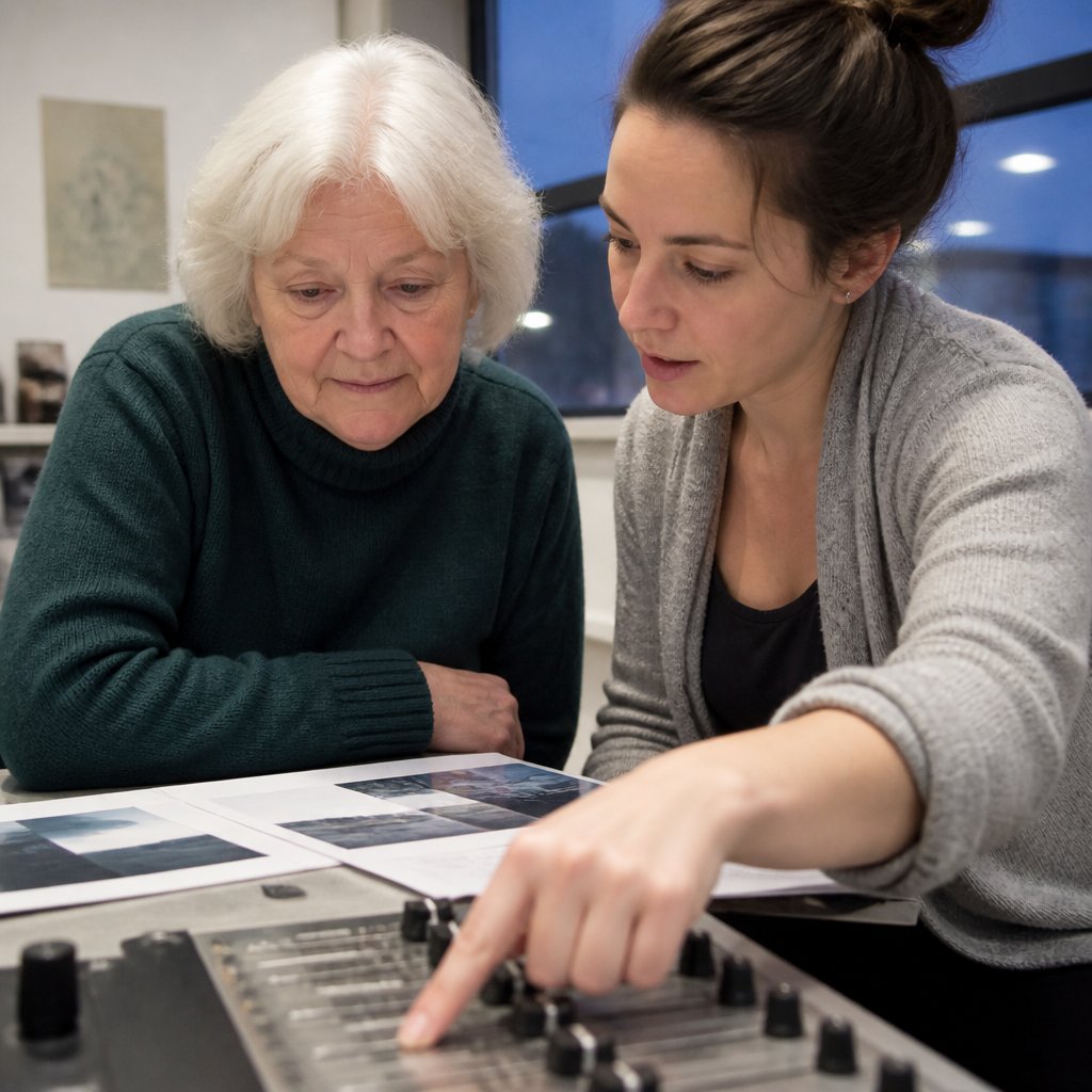 Older woman and colleague discussing hidden software threshold adjustments in lab office