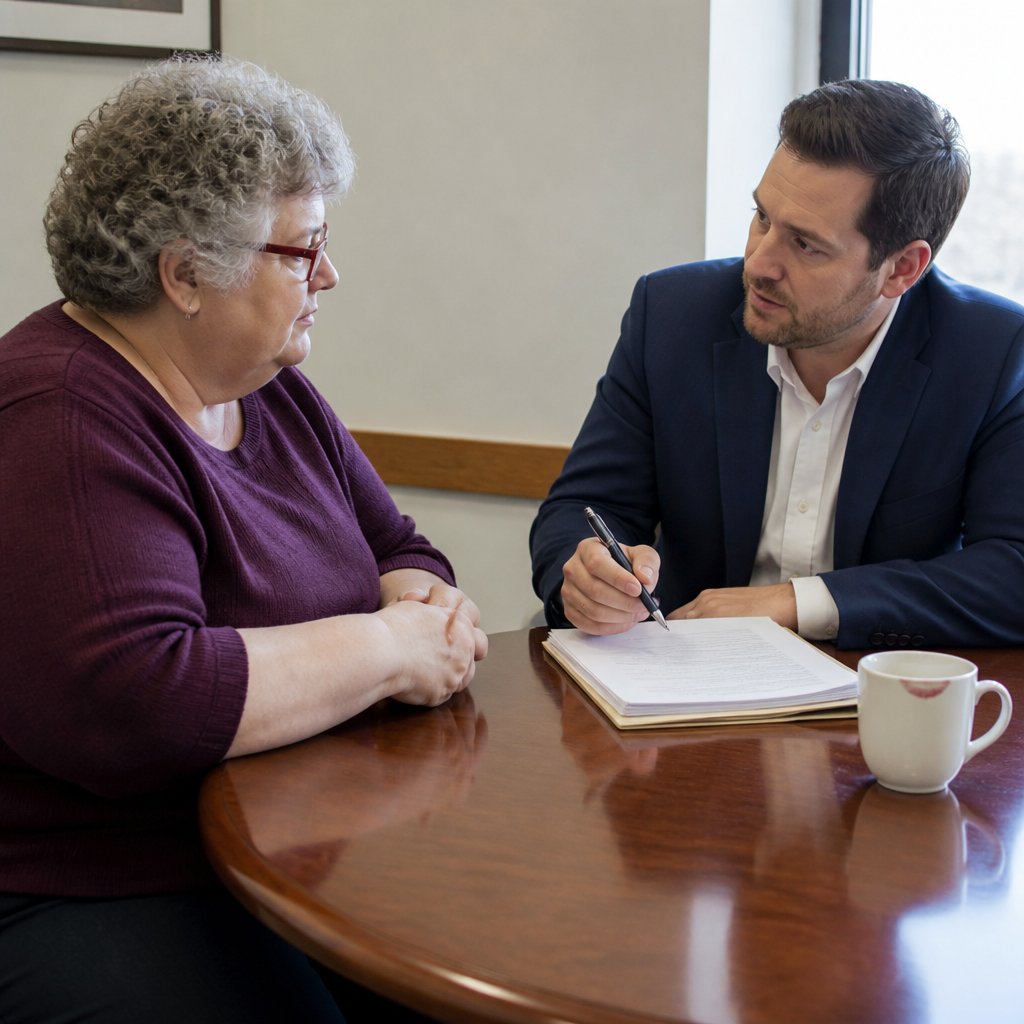 Woman and lawyer discussing missing chair data in office