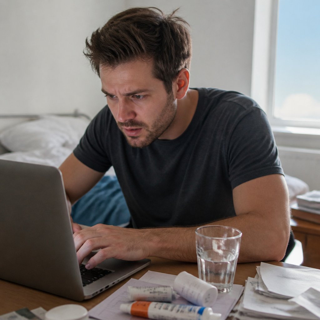 Derek focused intently while scrolling through online posts in his cluttered bedroom.