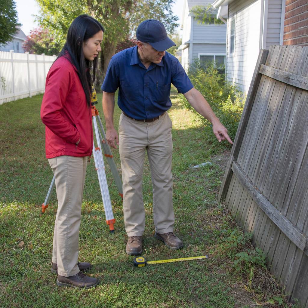 Woman and surveyor examining fence and measuring property line in backyard