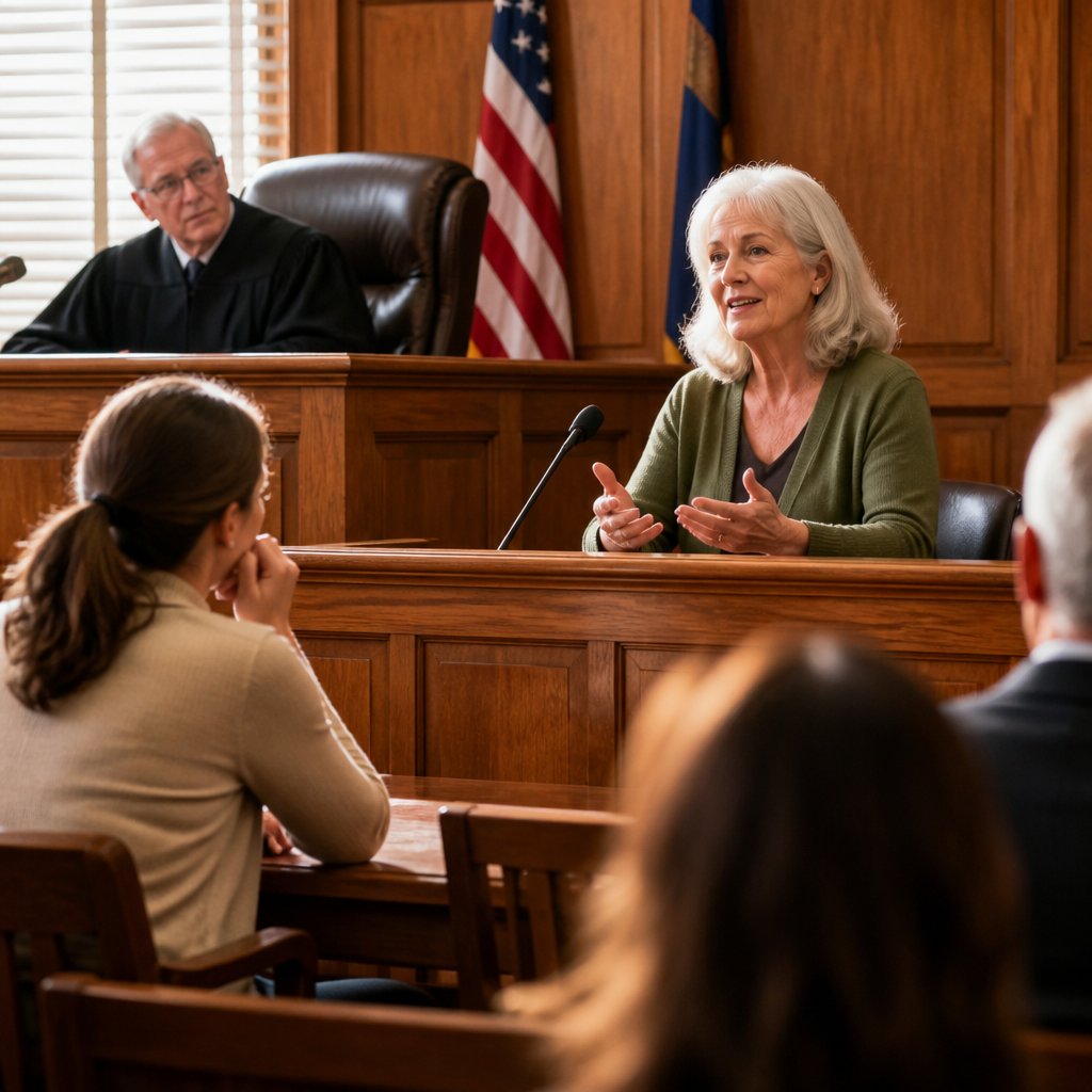 Elderly woman testifying warmly in court while a juror leans forward with sympathy