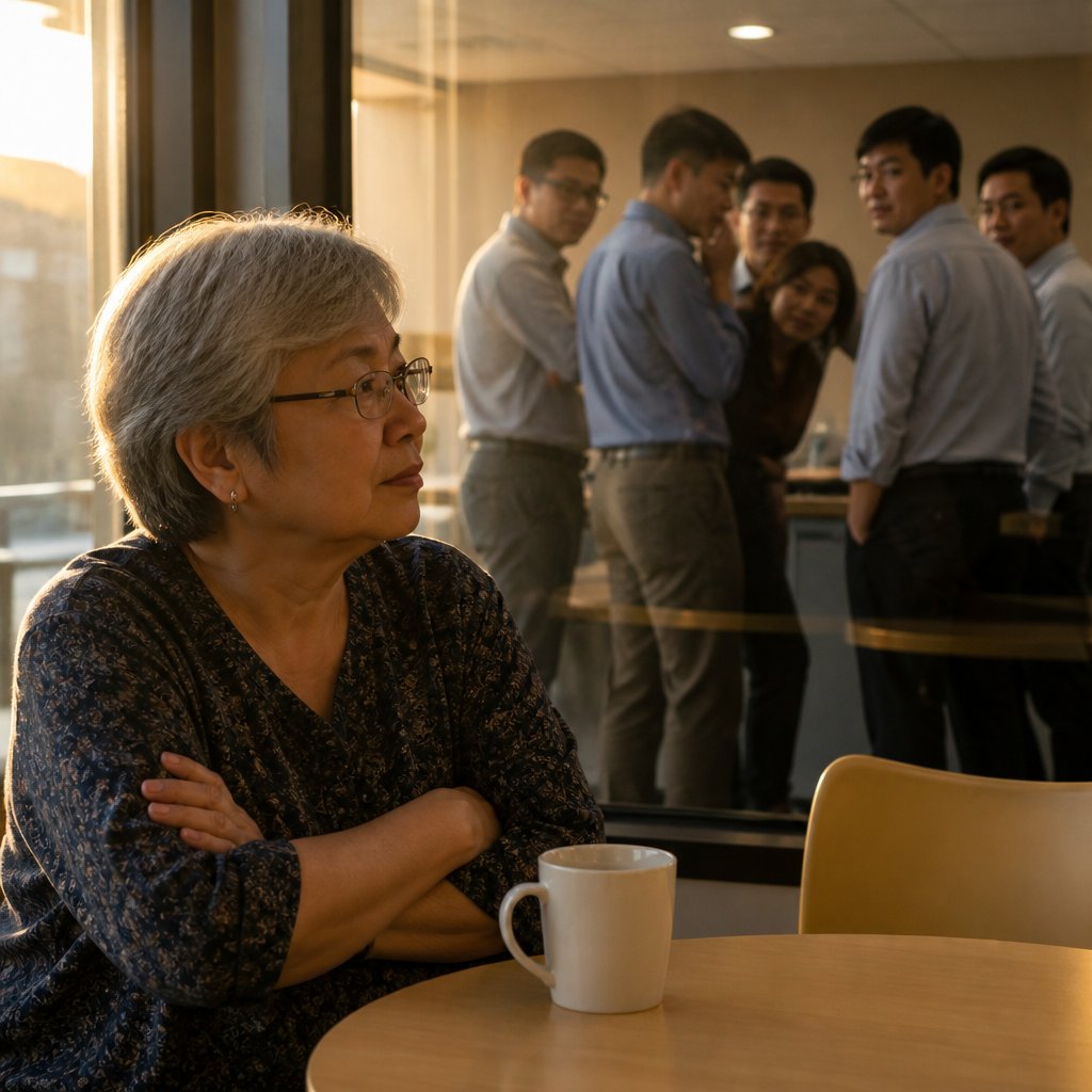 Older East Asian woman sits alone in break room while managers whisper and watch from nearby conference room.
