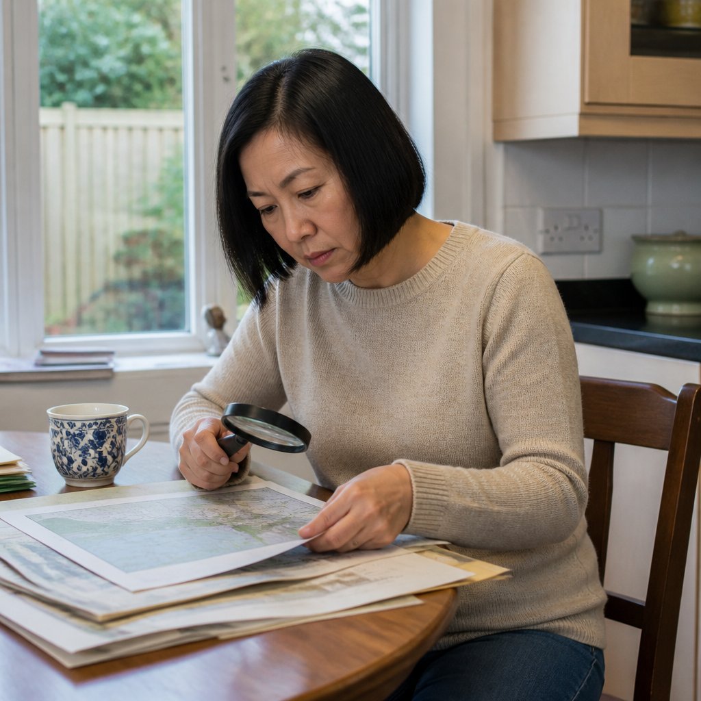 Woman studying survey maps at kitchen table, focused expression, fence visible outside.