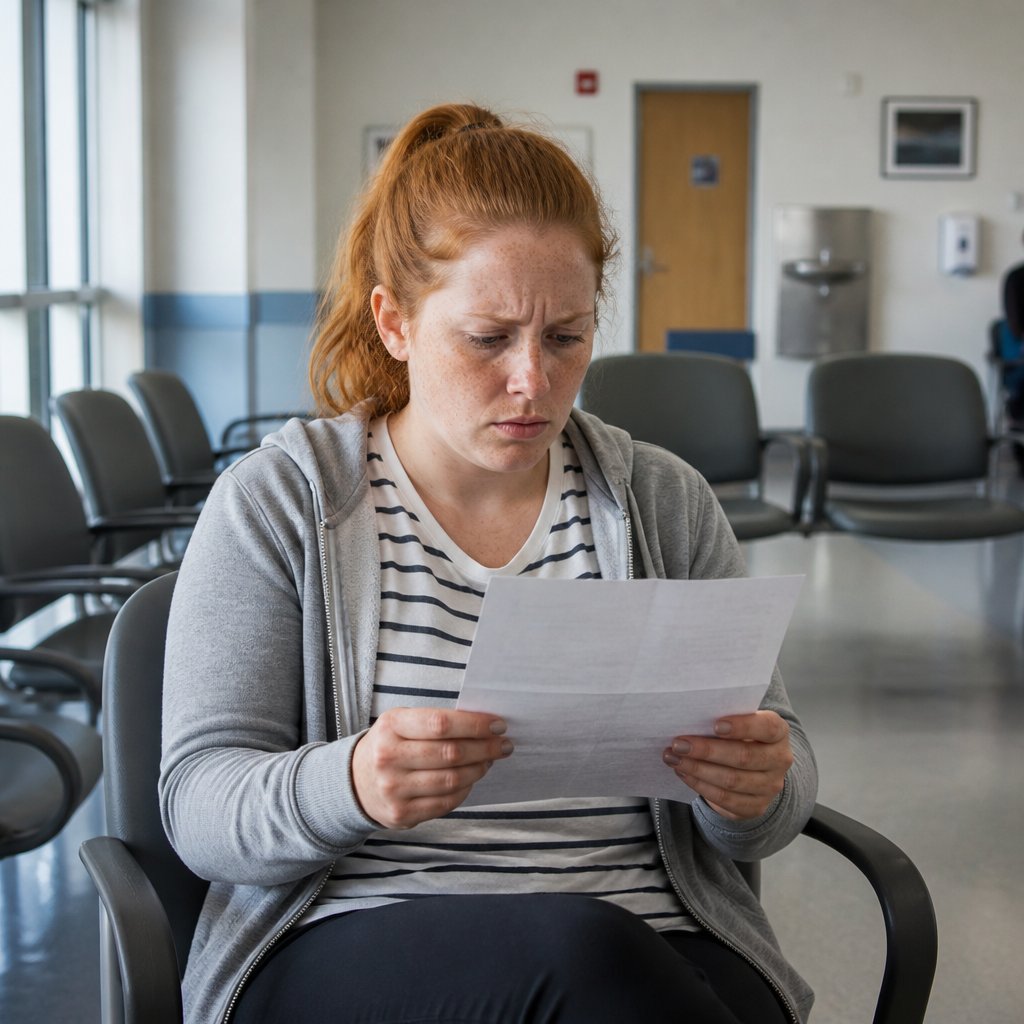 Woman with red hair reading insurance denial letter in a hospital waiting room.