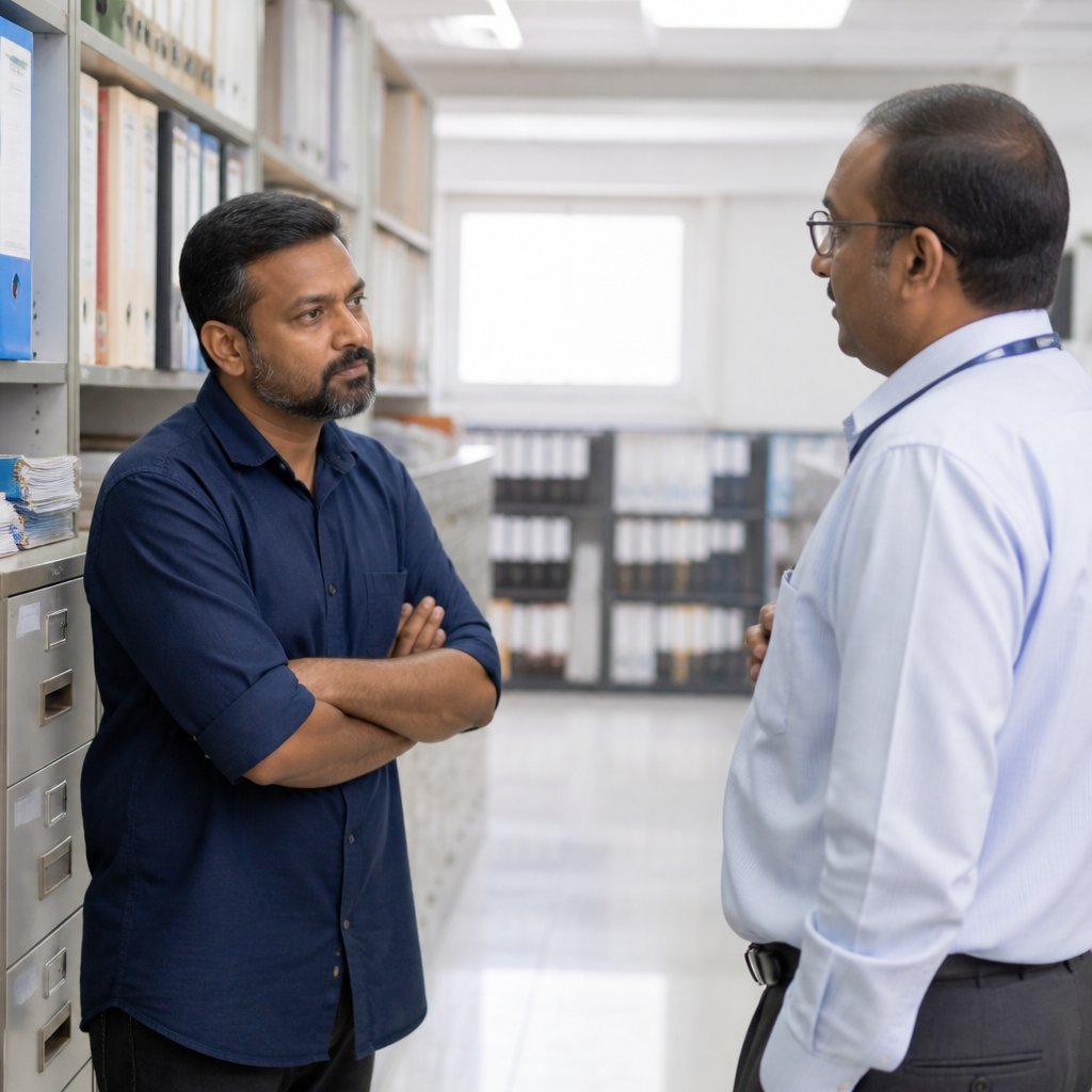 Man confronting hospital administrator about lost surgical implant records in records room.