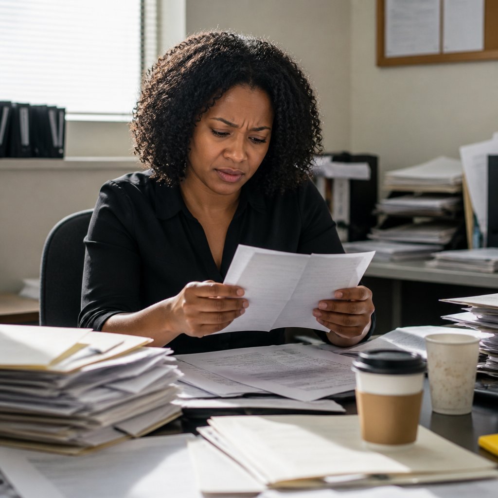 Woman reviewing discovery documents in a cluttered office, focused and tense.