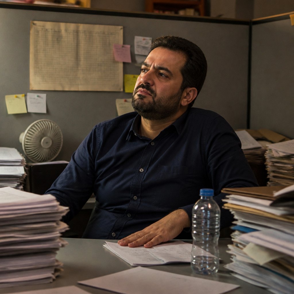 Frustrated man in a cluttered cubicle surrounded by papers and notes.